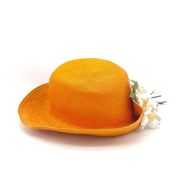 Vintage 1960s Madcaps Orange Straw Hat White Blossom Flower Pin Trim Wide Brim main image 9